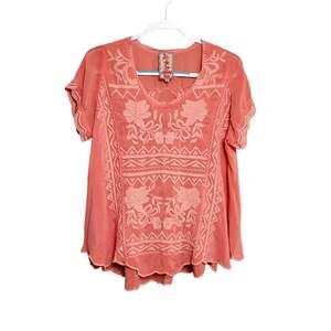 JOHNNY WAS Coral Embroidered Short Sleeve Blouse Top